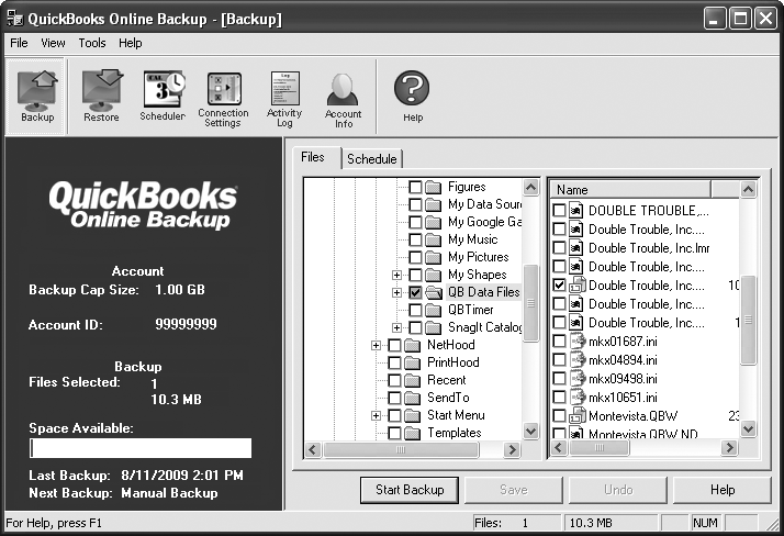 When you sign up for the QuickBooks Online Backup service, you first set up an account. Then you download the software (about 2 MB) and install it on your computer. After it’s installed, the QuickBooks Online Backup window opens when you choose to create an online backup. (You can still back up onto your computer if you want.)