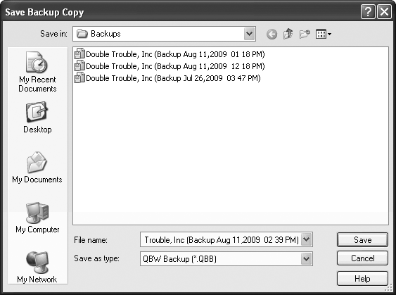 QuickBooks automatically fills in the “File name” box with the same filename prefix as your company file and adds a timestamp to show when you made the backup. For example, if you’re backing up your DoubleTrouble.qbw file, the backup file prefix is something like “DoubleTrouble (Backup Aug 09,2008 05 28 PM)”. In the “Save as type” box, the program automatically fills in QBW Backup (*.QBB).