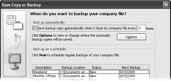 To change the location and other details about the automatic backups, in the “Save Copy or Backup” dialog box, click Options. See to learn about the settings you can choose.