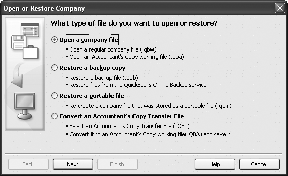 Similar to when you create backups, you have to tell QuickBooks that you want to restore a backup file and where that file is. From this dialog box, you can open a regular company file, restore a backup, restore a portable file (), or convert an accountant’s copy ().