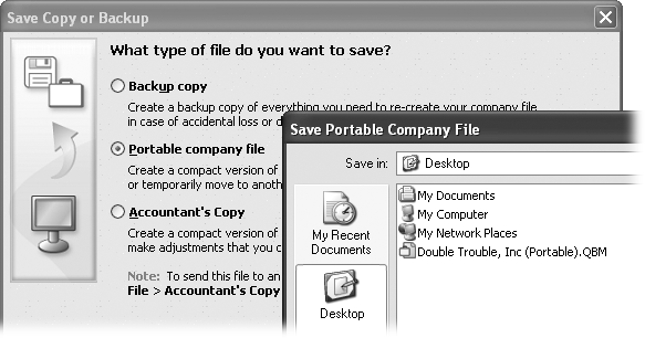 Unlike the Save Backup Copy dialog box, the Save Portable Company File dialog box opens to your computer’s desktop the first time around. If you want to save the file to a folder, choose the folder. From then on, QuickBooks opens the Save Portable Company File dialog box to the last folder you selected.