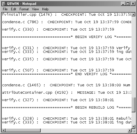 When you verify data, QuickBooks automatically renames the previous QBWIN.log file to QBWIN.log.old1 so that the QBWIN.log file contains information for only the most recent verification. It also renames other old files, changing QBWIN.log.old1 to QBWIN.log.old2, and so on.