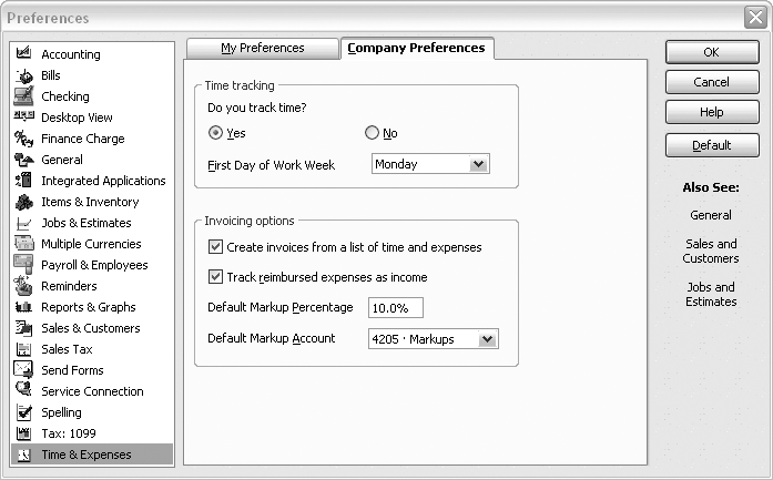 If you use this feature to generate hours for payroll, the QuickBooks work week should end on the same day of the week as your pay periods. For example, if you pay employees on Friday, in the “First Day of Work Week” drop-down list, choose Saturday, so that the work week ends on Friday like your payroll.