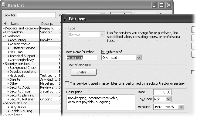If you want to capture nonbillable activities in one big pot, create a single Service item called Overhead. For greater detail about nonbillable time, you can create a top-level item, such as Overhead, and then create subitems for each type of nonbillable work you want to track. Be sure to create one catch-all item, such as Administrative, to capture the time that doesn’t fit in any other nonbillable category.
