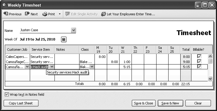 The weekly timesheet doesn’t provide much room to display customer names, job names, or more than a few letters of the Service item for the task performed. To see the full contents of a cell in a pop - up screen tip, position the mouse pointer over the cell.