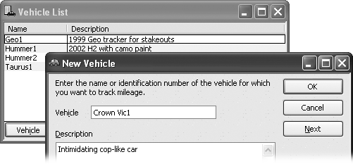 QuickBooks doesn’t want to know much about company vehicles. Specifying a name in the New Vehicle dialog box will do. You can add any details you want in the Description box. After you click OK, the vehicle takes its place in the Vehicle List (shown in the background).