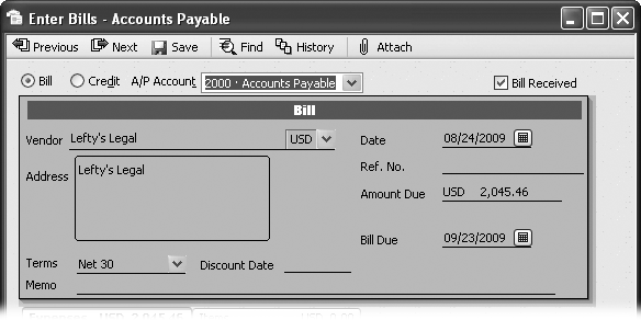 The Terms field shows the payment terms from the vendor record. If you haven’t assigned payment terms to a vendor, you can do so right in the Enter Bills window. In the Terms drop-down list, choose the terms that the vendor requires. When you save the bill, QuickBooks asks if you want the new terms to appear the next time. The program is trying to ask if you want to save the terms to the vendor’s record; click Yes.