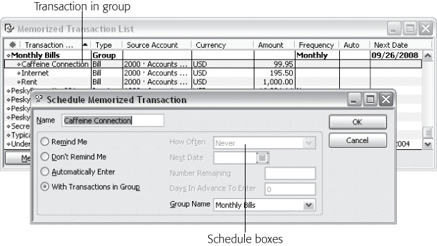 Individual memorized transactions take on the schedule and reminder characteristics of the memorized group. If you edit a memorized transaction that belongs to a group, the How Often, Next Date, Number Remaining, and Days In Advance To Enter boxes are grayed out.