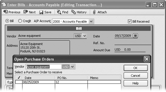 In the Enter Bills window, when you choose the vendor who shipped the items you’ve received from the Vendor drop-down list, QuickBooks checks for any open purchase orders for that vendor. If it finds any open purchase orders, it displays the Open POs Exist message box, so you can apply the items you’ve received to a purchase order.