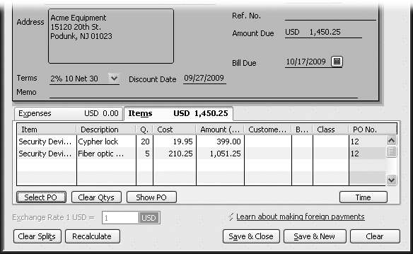 When you choose an open purchase order, QuickBooks uses the information from the purchase order to fill in fields in the Enter Bills window, such as the Amount Due field in the header as well as the Items tab with most of the information about the items you ordered. When you work from a purchase order, QuickBooks displays the purchase order number in the PO No. column.
