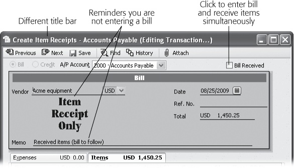 Because you’re only adding inventory to your company file, QuickBooks automatically turns off the Bill Received checkbox in the Create Item Receipts window. To make it crystal clear that you aren’t creating a bill, the program displays the words Item Receipt Only and, in the Memo box, adds the message “Received items (bill to follow)”.