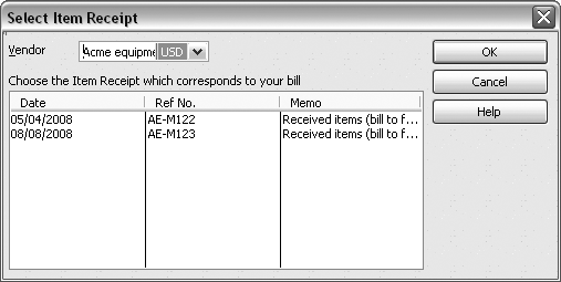 The Ref. No. and Memo cells identify the shipments you’ve received. If those fields are blank, the Date cell won’t be enough to select the right item receipt, so click Cancel and then choose Vendors → Receive Items. In the Create Item Receipts dialog box’s menu bar, click Previous or Next to display the item receipt you want, and then fill in its Ref. No. field with the purchase order number for the shipment or the carrier’s tracking number. After you save the item receipts with identifying reference numbers, choose Vendors → “Enter Bill for Received Items” once more.