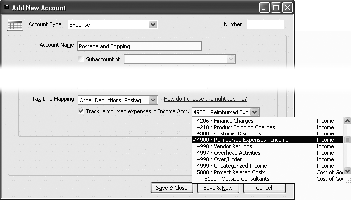To track the expense as reimbursable income, in the Edit Account window, turn on the checkbox and then, in the drop-down list, choose the income account to use. Since you’ve already created your expense accounts, you’ll have to edit each one that’s reimbursable (travel, telephone, equipment rental, and so on) and add the income account to the record.