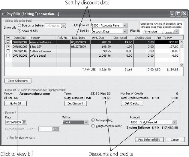 In the Pay Bills window, you can easily spot early payment discounts when you select “Show all bills” In the Sort Bills By box, choose Discount Date to sort by the discount date (or the due date if the bill doesn’t have a discount date). When you click a bill in the table, QuickBooks shows available discounts and credits in the “Discount & Credit Information for Highlighted Bill” section ( tells how to apply these). If you want to review a bill before you pay it, click “Go to Bill”. The Enter Bills window opens and lets you check that you assigned the correct account or even revise the bill.