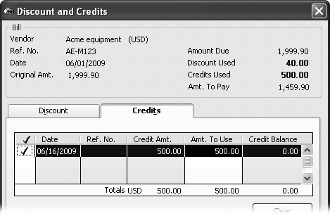 In the table section of the “Discount and Credits” dialog box, click a credit’s checkmark cell to toggle between applying the credit and removing it from the bill. QuickBooks updates the Credits Used value to show the amount of credit applied to the bill. The Amt. To Pay value is the amount you have to pay based on both applied discounts and credits.