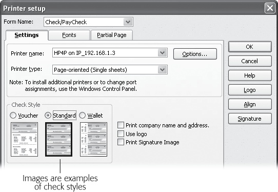 The Standard option sets up QuickBooks to print to checks that fit in a #10 business envelope. These checks typically come three to a page. The Voucher option represents one-page forms that include both a check and a detachable stub for payroll or check information. Wallet checks are smaller than business checks. Because they’re narrower than standard business checks, these forms have a perforation on the left for tearing the check off, leaving a stub containing check information that you can file.