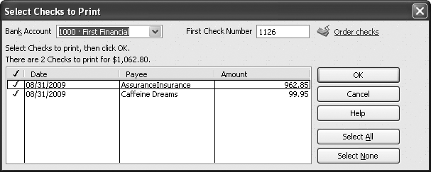 The first time you print checks, QuickBooks sets the first check number to 1. If necessary, in the First Check Number box, type the number of the first check number loaded in your printer. If you want to prevent a check from printing, turn off its checkbox.