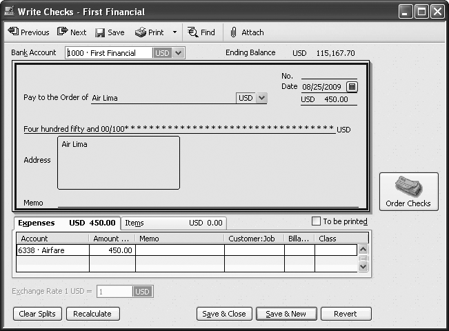 Choosing a vendor fills in not only the “Pay to the Order of” field, but also the Address box, which is perfect for printing checks for mailing in window envelopes. Even though the vendor name appears in the “Pay to the Order of” field, the Address box displays the company name to show you what it prints on checks. If you include account numbers in your vendor records, QuickBooks adds the account number to the Memo field.