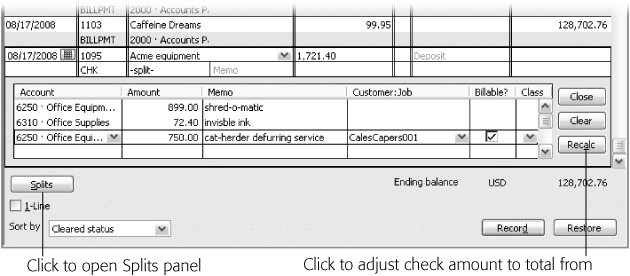 To allocate a check to multiple accounts or to specify a customer, job, or class in the check register, click Splits, which opens a panel where you can assign them. For each allocation, specify the account, amount, memo, customer, and class, and then click Close. If you modify the value in the Payment cell or any values in the allocation Amount cells, click Recalc to change the check payment amount to the total of the splits.