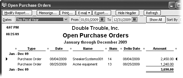 For a report of open purchase orders, choose Reports → Purchases → Open Purchase Orders. The report shows only the date, vendor name, purchase order number, and delivery date. Double-click a purchase order to open the Create Purchase Orders window, which shows the products on the order.