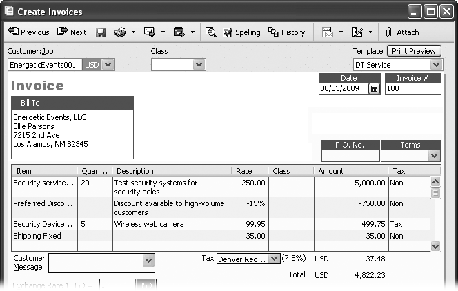 If you’re still getting used to double-entry accounting, balancing the debit and credit amounts for an invoice is a brainteaser. For example, the items for services and products in the invoice shown here turn up as credits in your income accounts, as in . The discount reduces your income so it’s a debit to the Sales Discounts income account. Although the debits and credits appear in different accounts, the total debit has to equal the total credit.