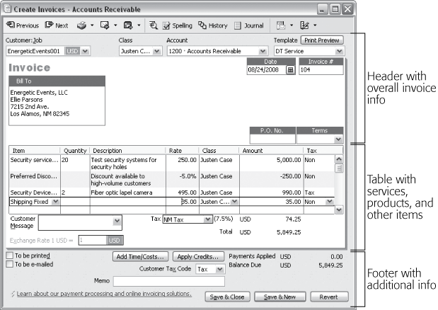 The top of the invoice has overall sale information, such as the customer and job, the invoice date, who to bill and ship to, and the payment terms. The table in the middle has info about each product and service sold. QuickBooks fills in the Tax field and the Customer Tax Code field with values from the customer’s record, but you can change any values that the program fills in. You can also add a message to the customer, choose your send method, or type a memo to store in your QuickBooks file.
