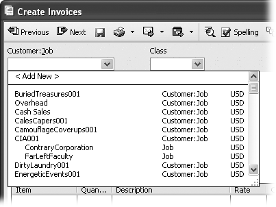 If you work on different jobs for a customer, click the name of the job, which is indented underneath the customer’s name. If your work for a customer doesn’t relate to jobs, click the customer’s name. The column to the right of the customer and job names provides another way to differentiate customers and jobs. You’ll see Customer:Job for a customer entry, whereas the second column displays Job for a job entry.