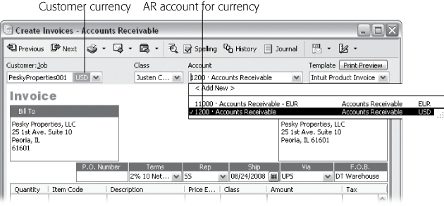 If you work with multiple currencies, at the top of the Create Invoices window, the Account box shows the Accounts Receivable (AR) account for the invoice’s income. QuickBooks uses the Accounts Receivable account to store income in your home currency. To store income in other currencies, it creates additional Accounts Receivable accounts, such as Account Receivable-EUR ().