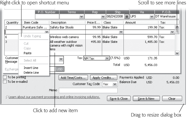 As you add items to the table, QuickBooks adds blank lines (and new pages, if needed) to your invoice. Tab into or click a blank line to add as many lines as you need. The number of items visible depends on the size of the Create Invoices window. To view more items, resize the window by dragging a corner or move the scroll bar up or down.