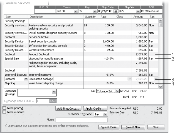 1: A Subtotal item adds up the values of all the items up to the previous Subtotal item. For example, if you want to keep the Service items out of the product subtotal, add a Subtotal item after the last Service item. 2: For Discount items and Other Charge items created as percentages, QuickBooks multiplies the percentage by the total on the preceding line. If the discount applies only to one item, add the Discount item immediately below the item you want to discount. 3: If you want to apply a percentage discount to several items, use a Subtotal item to total their cost. 4: Add a percentage Discount or Other Charge item on the line following a Subtotal.