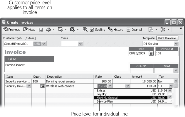 To apply a price level to a single item, click the Price Each (or Rate) field for the item that’s on special. When QuickBooks displays a down arrow to indicate that a drop-down list is available, click the arrow and then choose the price level you want to apply.