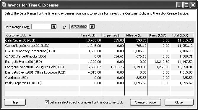 To invoice for all billable costs, leave the “Let me select specific billable costs for this Customer:Job” checkbox turned off in the “Invoice for Time & Expenses” dialog box. With that setting, when you click Create Invoice, QuickBooks immediately opens the Create Invoices window filled in with all the billable time and expenses for that customer or job.