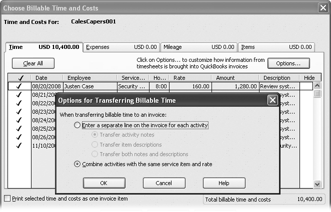On the Time tab, click Options to tell QuickBooks how to handle different activities. In the “Options for Transferring Billable Time” dialog box (foreground), the program automatically selects the option that includes the total hours for each service item. However, you can tell the program to add a separate line for each activity, to show the hours worked each day, for instance. If each activity is on its own line, you can transfer activity descriptions, notes, or both to the invoice.