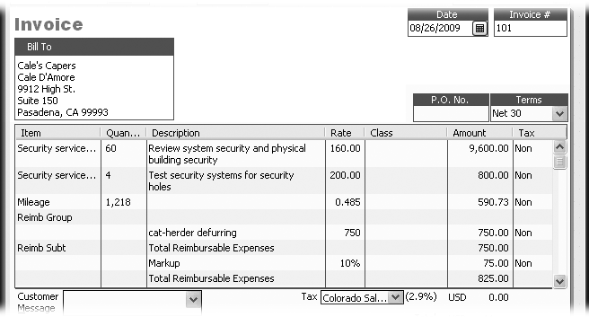 If you didn’t type memos in the original expense transactions, you have to type the descriptions for billable expenses directly into the invoice. Because the invoice is open in the Create Invoices window, you can add additional line items to the invoice before you save it.