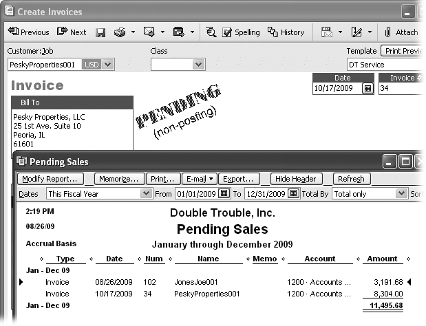 Pending invoices are also great for entering transactions ahead of time and holding them until you receive approval for a sale or reach the milestone that the invoice represents. You can set sales receipts and credit memos to Pending status as well. To see all your pending sales, choose Reports → Sales → Pending Sales to run the Pending Sales report (in foreground).