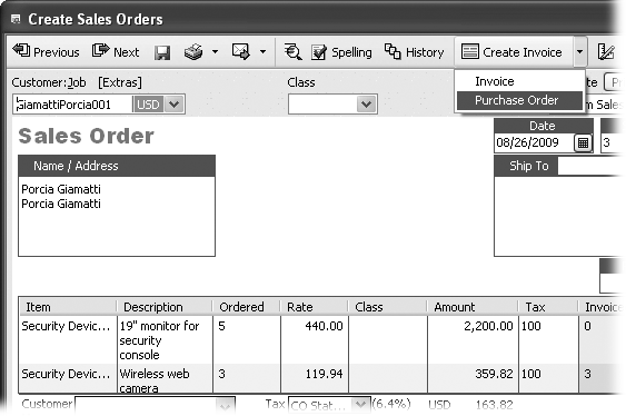 The Create Invoice drop-down menu has two commands. Choose Invoice to create a customer invoice for the items you have on hand to ship. Choose Purchase Order to order items that customers have purchased but you don’t have on hand to ship.