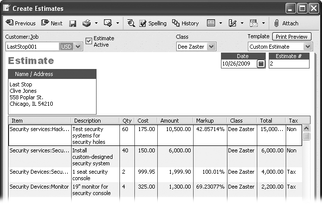 QuickBooks turns on the Estimate Active checkbox (to the right of the customer name) for every estimate you create, which means you can experiment with several and then build your invoices from the one your customer approves. You may wonder where QuickBooks gets the percentages you see in Markup column, especially when they’re off the wall, like 42.85714%. The percentage you see is the markup based on the cost you pay for an item and the sales price you set in the item record ().