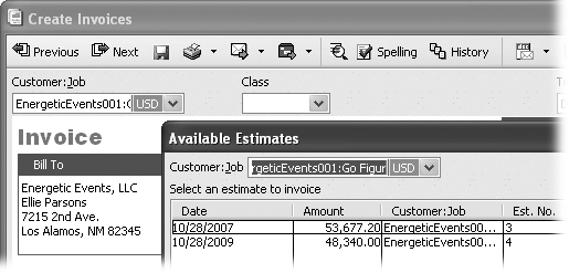 To keep your customer happy, be sure to choose the estimate that the customer accepted. The Available Estimates dialog box shows the date, amount, and estimate number. Usually, the amount is the field you use to choose the agreed upon estimate. Alternatively, when you and the customer have agreed on an estimate, you can delete all the other estimates for that customer or make them inactive, so you have only one estimate to choose.