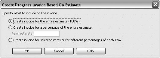 The first progress invoice for an estimated job is the only time the “Create invoice for the entire estimate (100%)” option is available. After the first progress invoice, you have to invoice based on a percentage of the entire estimate, by picking individual items, or for the remaining amounts on the estimate.