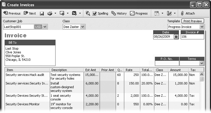 When you provide materials for a job, they’re either onsite or not. Assigning 50 percent to materials only makes sense if half the boxes made it. If you created an invoice for 25 percent of the job, you can change the invoice to cover 100 percent for materials by editing the values in the Total % column. Changing a Total % cell also solves the problem of one task that’s far behind—or far ahead.