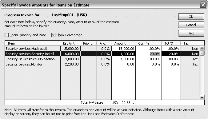 You can change the cells in columns with a white background. The columns with a gray background show the values from the estimate and previous progress invoices. When you change a value, QuickBooks recalculates the other columns. For example, if you type a percentage in a Curr % (current percentage) cell, QuickBooks calculates the amount to invoice by multiplying your estimated amount by the current percentage. The Tot % column shows the total percentage including previously invoiced amounts and the current amount.