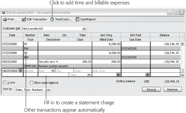 Because invoices and payments post to your accounts receivable account, statements can pull those transactions automatically from your accounts receivable account register. To create statement charges for billable time, costs, or mileage, in the Accounts Receivable window’s toolbar, click Time/Costs to add statement charges for those items.