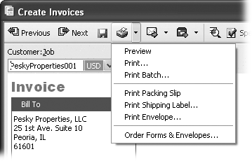 From a sales form window, you can print one document at a time or queue them up to print in batches. To process batches of several different types of documents, you can also choose File → Print Forms.