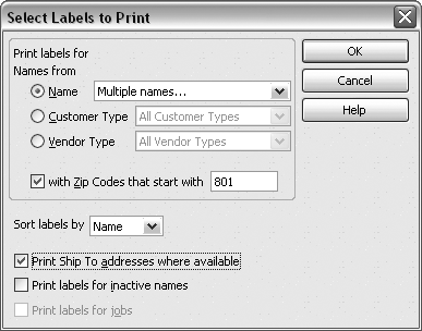 If you want to print labels for a mailing that has nothing to do with money (like an announcement about your new office location) choose File → Print Forms → Labels. The “Select Labels to Print” dialog box opens, so you can jump right to selecting the recipients.