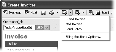 If you click the down arrow to the right of the Send icon, you can choose any of the send commands from the drop-down list. For example, you can email the form you’re about to print, send all the forms in your queue to be emailed, or send the invoice to the QuickBooks’ invoice mailing service.