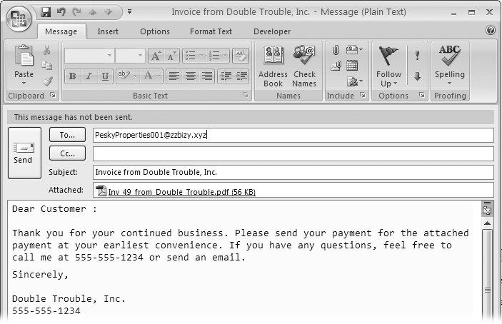 Send the message as you would an email you created in your email program. For Outlook, click the Send button. When you email an invoice, QuickBooks attaches the form as an Adobe .pdf file. Customers who don’t have Acrobat Reader installed on their computers can click the Acrobat Reader link to download the reader for free. Otherwise, the customer can just double-click the link to open the attachment.