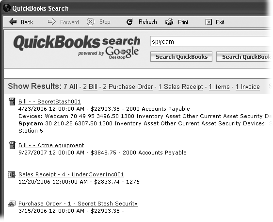 Above the results, QuickBooks Search shows the different types of results it found and the number of each type. For example, the search in the figure found an item in 2 bills, 2 purchase orders, 1 sales receipt, 1 invoice, and 1 item.