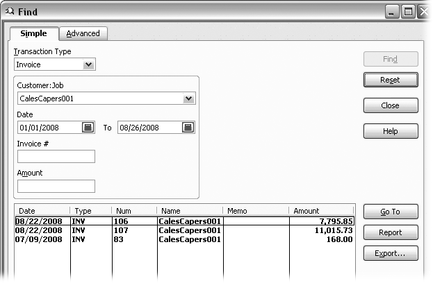The first field after Transaction type in the Find window is usually Customer:Job. However, it changes to Vendor when you search for purchase orders. The second-to-last field varies depending on the transaction type; for example, Invoice # for an invoice, Ref. No. for a bill, or P.O. No. for a purchase order.