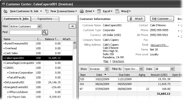 To see the invoices that make up a customer’s balance, select the customer in the Customers & Jobs tab. On the right side of the window, in the Show drop-down list, choose Invoices. Then, in the Filter By drop-down list, choose Open Invoices. If you want to focus on overdue invoices, in the Filter By drop-down list, choose Overdue Invoices.