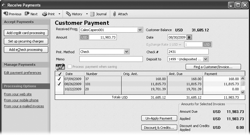When you choose a customer or job in the Received From box, the Customer Balance to its right shows the corresponding balance (including any credits available). The program also fills in the table with every unpaid invoice for that customer or job. If you choose a job and don’t see the invoice you expect, in the Received From box, choose the customer (as shown here) to see all invoices for that customer and its jobs.